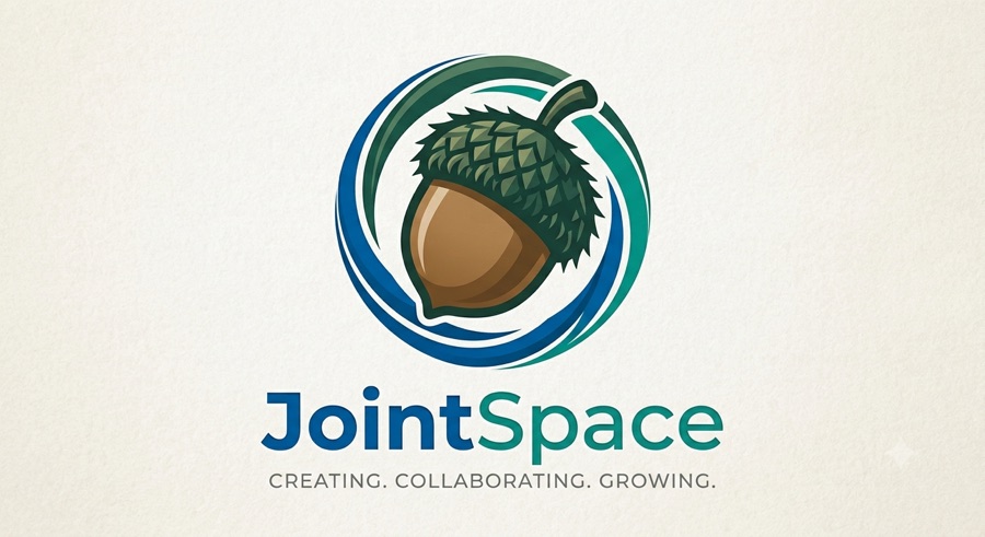 The JointSpace mark: a bur oak acorn inside two arcs that do not close, above the wordmark and the words Creating. Collaborating. Growing.